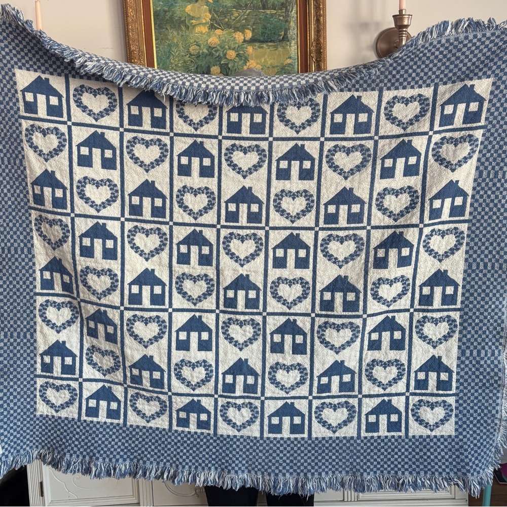 Blue and White Heart and House Patterned Blanket